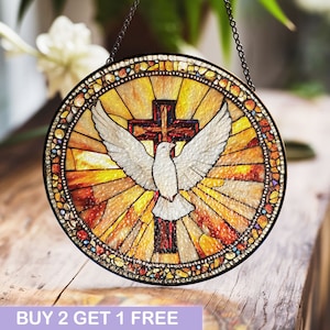 Holy Spirit Stained Glass Suncatcher, Cross & Dove Suncatcher, Religious Window Art, Christian Stained Glass, Faith-Based Gift