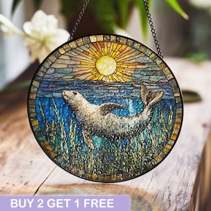 Seal and Sun Stained Glass Window Hanging - Ocean Life Suncatcher with Sunburst