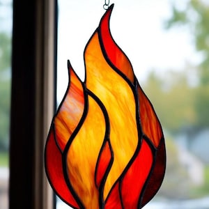 Handmade Stained Glass Fire Suncatcher: Vibrant Flame Window Hanging