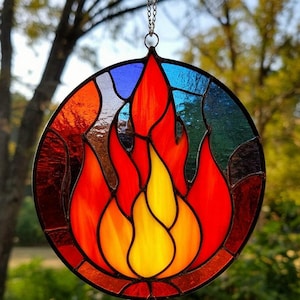 Stained Glass Fire Flame Suncatcher – Handmade Flame Window Hanging Symbolic Decor