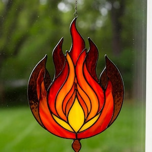 Stained Glass Fire Flame Suncatcher – Handmade Flame Window Hanging Symbolic Decor