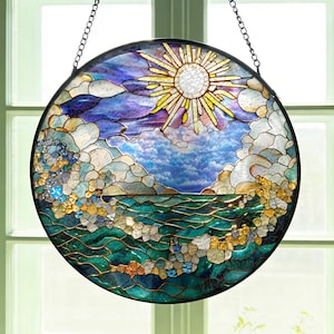 Ocean Wave Stained Glass Suncatcher, Coastal Sunrise Window Decor
