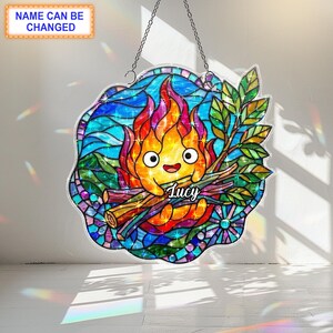 Personalized Cute Fire Spirit Suncatcher, Fantasy Anime Inspired Stained Glass Style Window Hanging, Room Decor Gift for Animation Fans