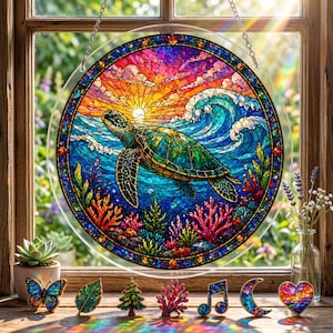 Sea Turtle Puzzle Suncatcher, Ocean Sunset Window Hanging, Coastal Marine Life Acrylic Sun Catcher, Coral Reef Decor Gift,Acrylic Suncatcher