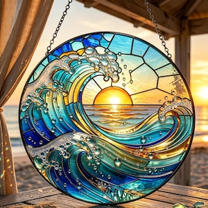 Sea Wave Stained Glass Suncatcher: Sunset Ocean Coastal Window Hanging, Beach House Glass Gift