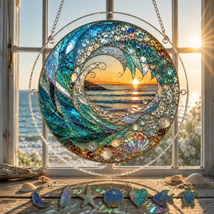 Ocean Wave Puzzle Suncatcher, DIY Acrylic Sun Catcher Puzzle, Coastal Stained Glass Window Hanging, Beach House Decor, Adult Craft Kit