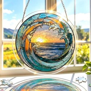Coastal Sunset DIY Sun Catcher Kit, Ocean Wave Sunset Puzzle Suncatcher, Sunshine On The Beach Acrylic Suncatcher,  Sea Lovers Gift