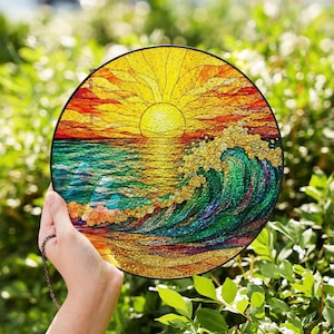 Ocean Sunset Suncatcher, Stained Glass Sea Wave Window Hanging Beach Sun Catcher Decor Gift