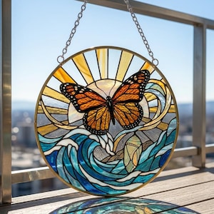Stained Glass Suncatcher Ocean Wave, Monarch Butterfly Window Decor, Sympathy Gift for Loss, Unique Rebirth Symbol, Coastal Boho Home Gift
