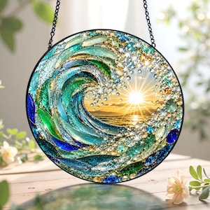 Ocean Wave Stained Glass Ornament,Beach Coastal Glass Suncatcher Handmade,Beach House Window Hanging,Ocean Suncatcher Gift,Beach Lover Gift
