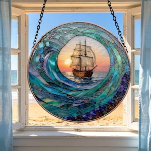 Ocean Wave Stained Glass Suncatcher, Nautical Ship Window Hanging, Coastal Beach House Decor, Sea Lover Gift, Ocean Suncatcher