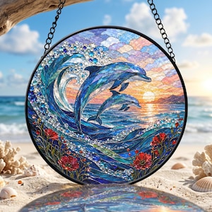 Stained Glass Dolphin Ocean Wave Suncatcher, Coastal Beach House Window Decor, Gift for Dolphin Lovers