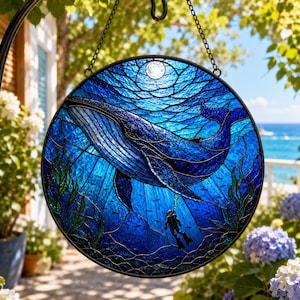 Whale Stained Glass Suncatcher, Ocean Window Hanging Decor, Blue Sea Whale Ornament, Beach House Decor, Summer Gift