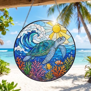 Sea Turtle Stained Glass Suncatcher, Ocean Wave Window Hanging Glass Decor, Coastal Beach Decor, Father Day Gift for Beach Lovers Sea Animal